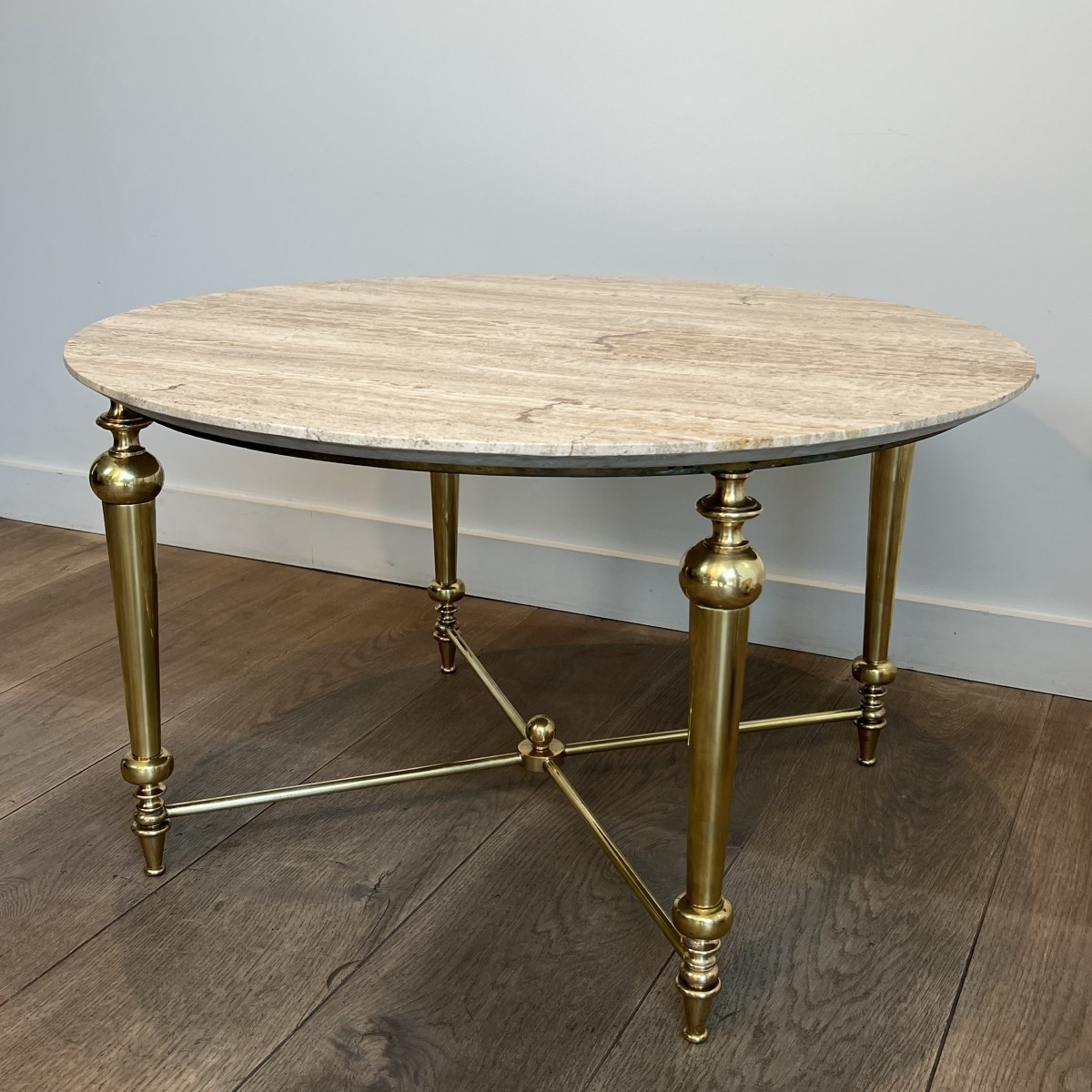 Brass Coffee Table With White Marble Top. French Work In The Style Of Maison Ramsay. Circa 1970