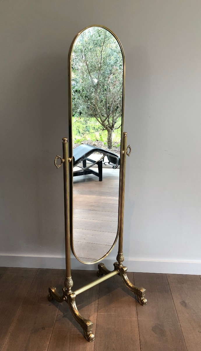 Neoclassical Style Swinging Brass Psyche Mirror. French Work. Circa 1970