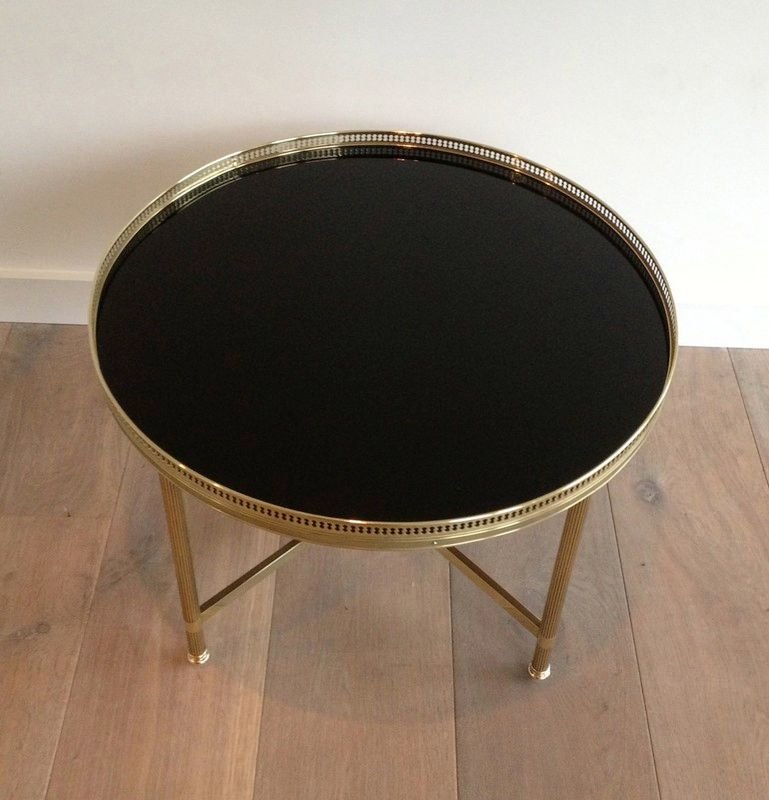 Round Brass Coffee Table With Black Lacquered Glass Top By Maison Jansen. Circa 1940-photo-4
