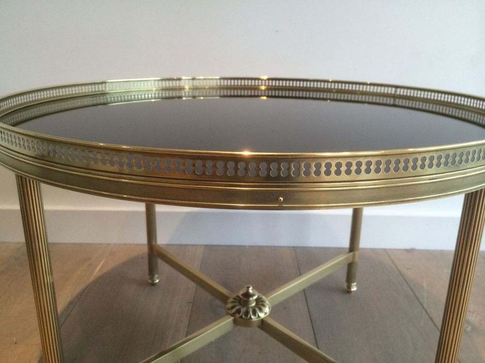 Round Brass Coffee Table With Black Lacquered Glass Top By Maison Jansen. Circa 1940-photo-1