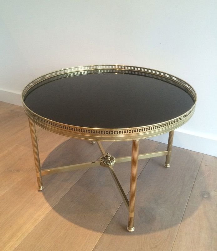 Round Brass Coffee Table With Black Lacquered Glass Top By Maison Jansen. Circa 1940-photo-5