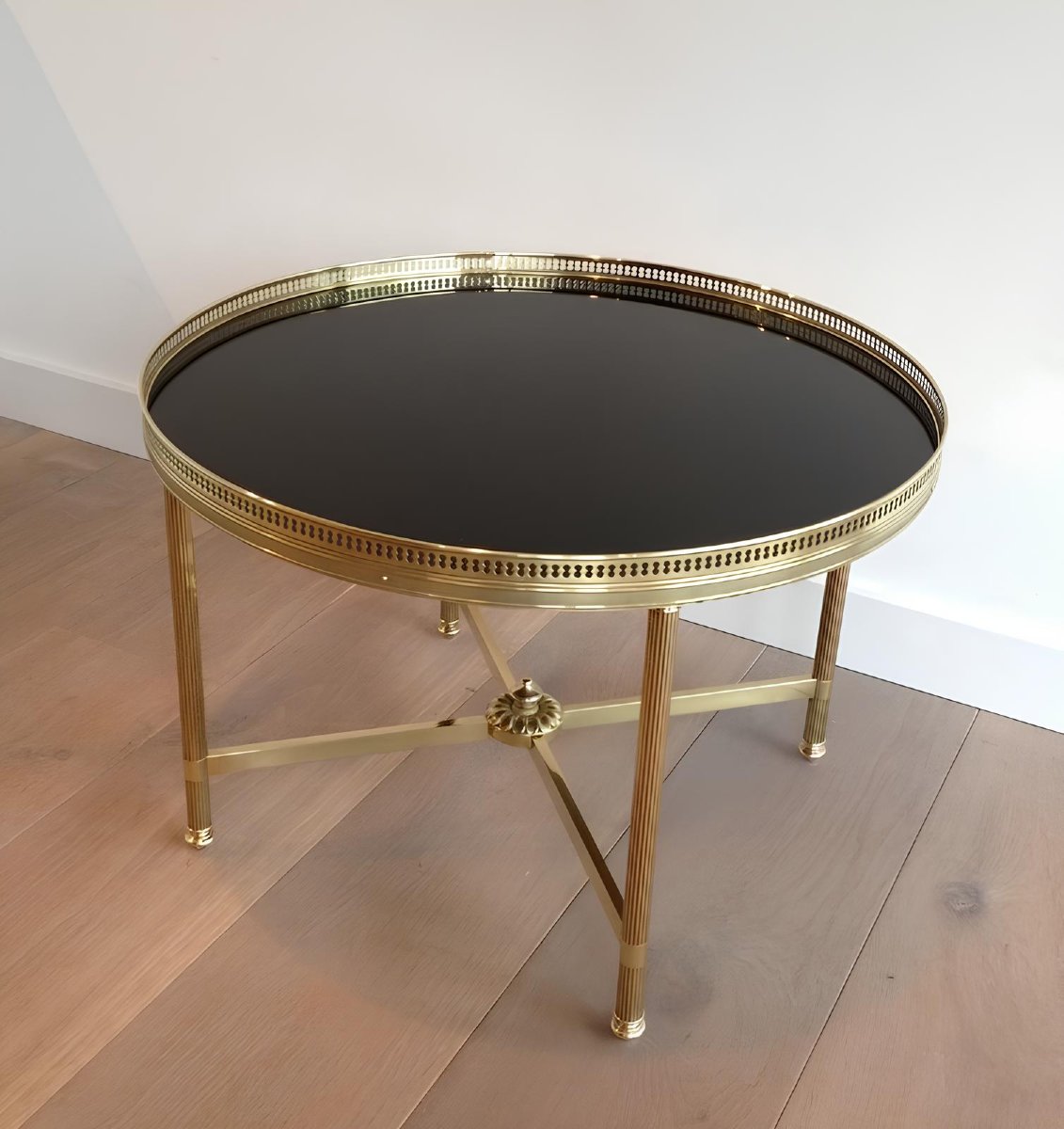 Round Brass Coffee Table With Black Lacquered Glass Top By Maison Jansen. Circa 1940-photo-6