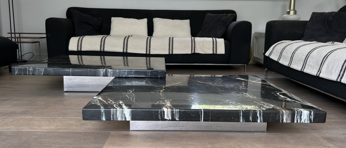 Coffee Table Composed Of Two Designer Faux Marble Tables Resting On Chrome Legs By Willy Rizzo-photo-4