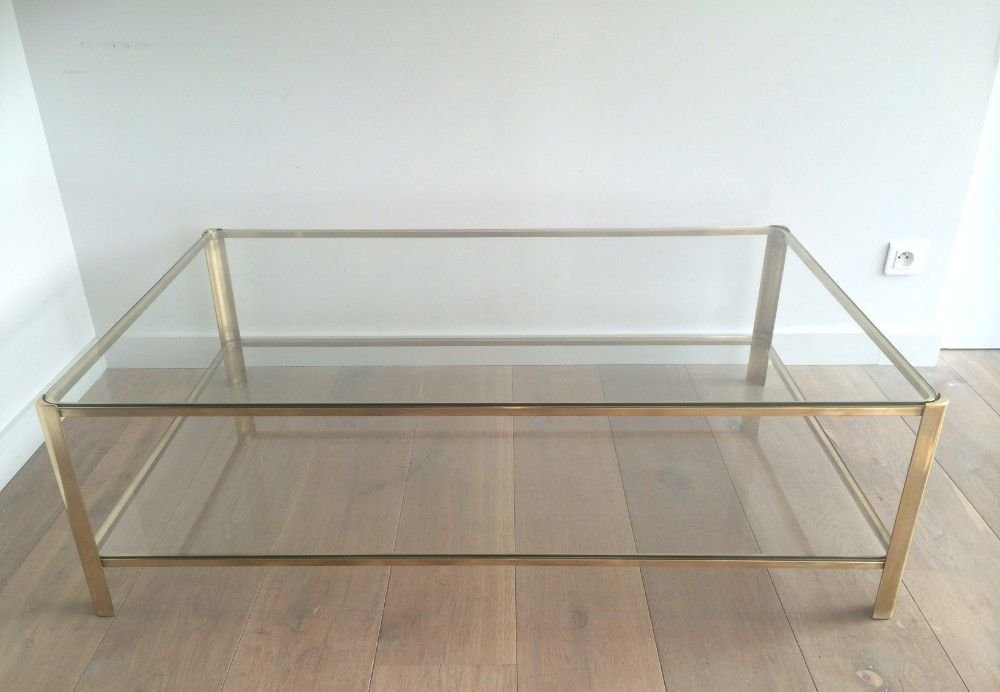 Large Bronze Two Tiers Coffee Table With Glass Shelves Rounded On Corners. French Work -photo-3