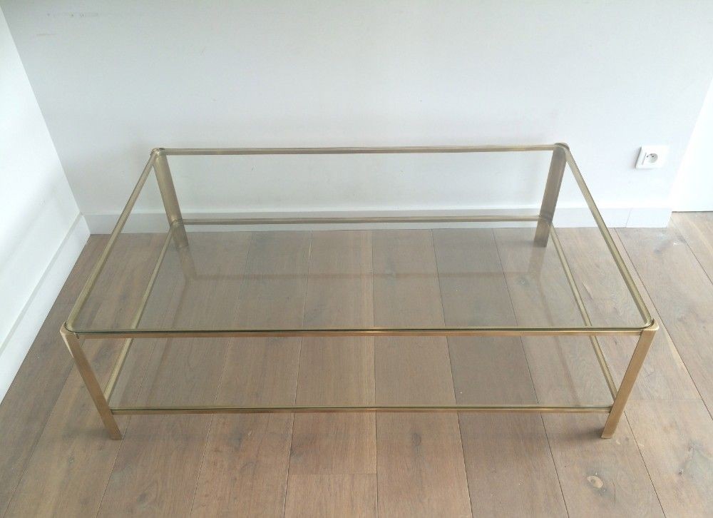 Large Bronze Two Tiers Coffee Table With Glass Shelves Rounded On Corners. French Work 