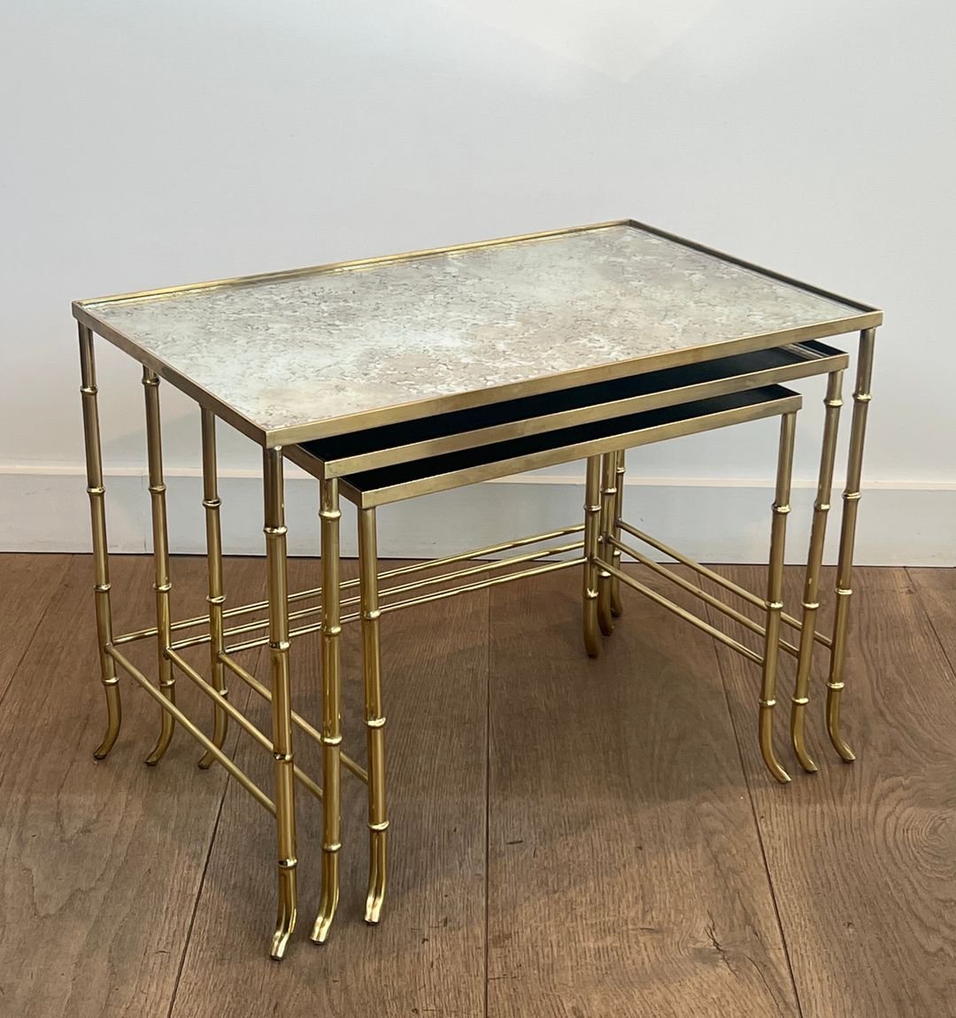 Faux-bamboo Brass Nesting Tables With Eglomized Mirror Tops By Maison Baguès-photo-2