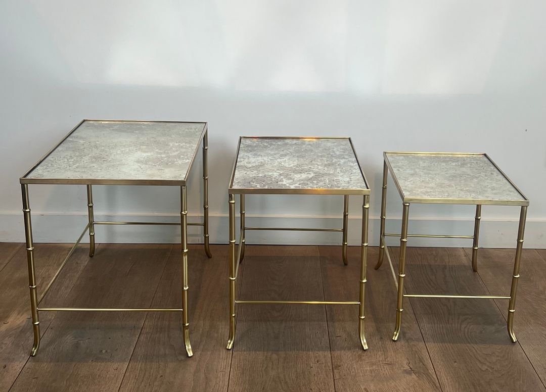 Faux-bamboo Brass Nesting Tables With Eglomized Mirror Tops By Maison Baguès-photo-3