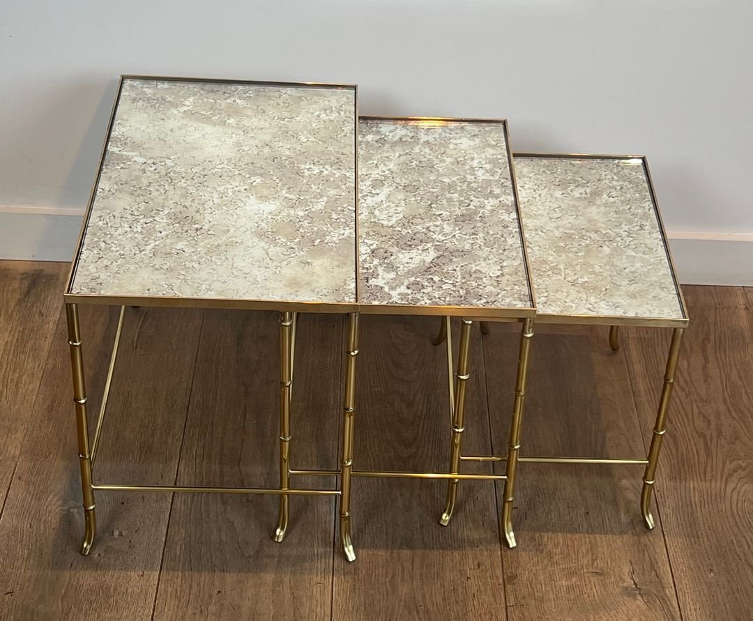 Faux-bamboo Brass Nesting Tables With Eglomized Mirror Tops By Maison Baguès-photo-4