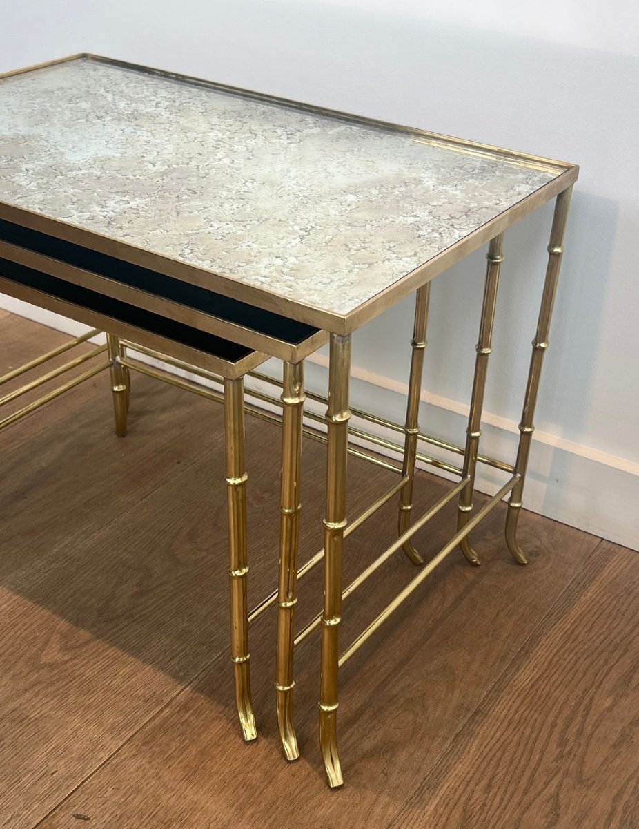 Faux-bamboo Brass Nesting Tables With Eglomized Mirror Tops By Maison Baguès-photo-5