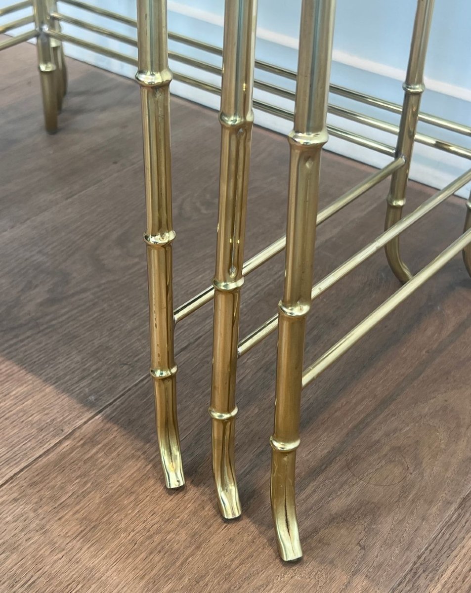 Faux-bamboo Brass Nesting Tables With Eglomized Mirror Tops By Maison Baguès-photo-7