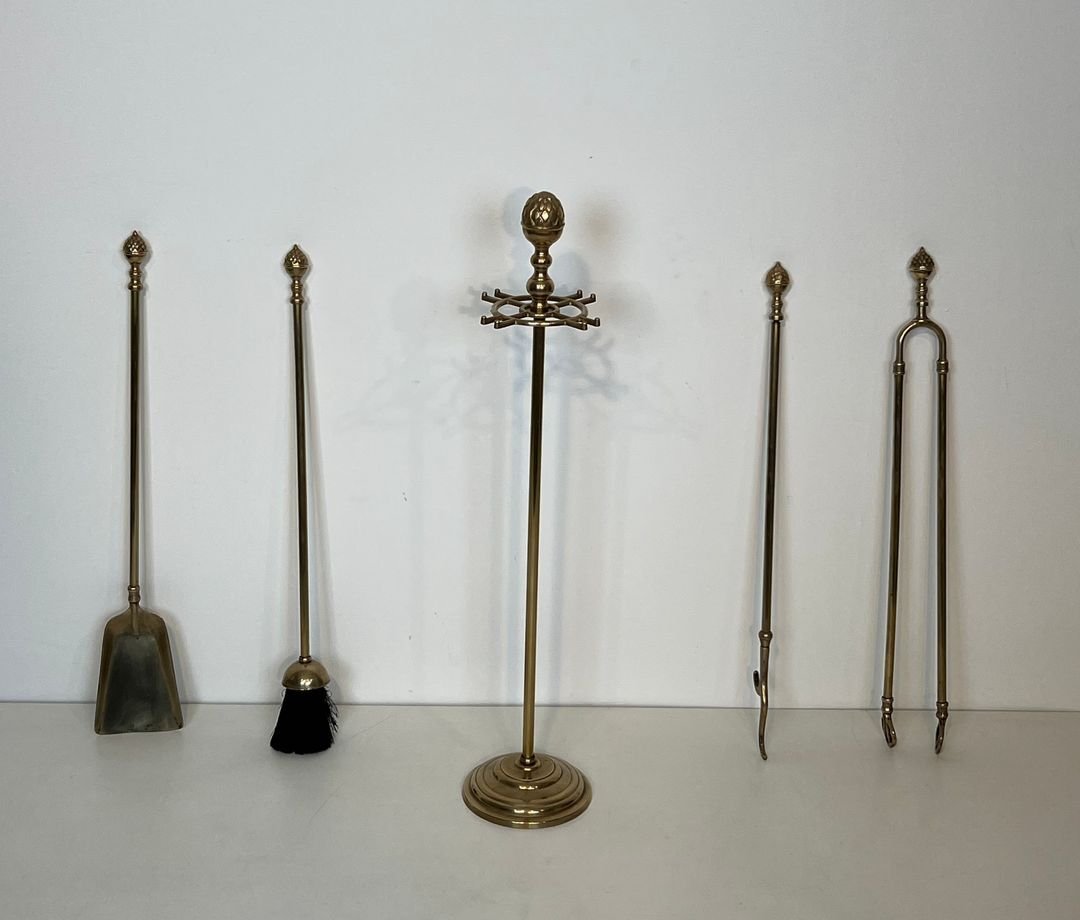 Neoclassical Style Brass Pineapple Fireplace Tools-photo-1