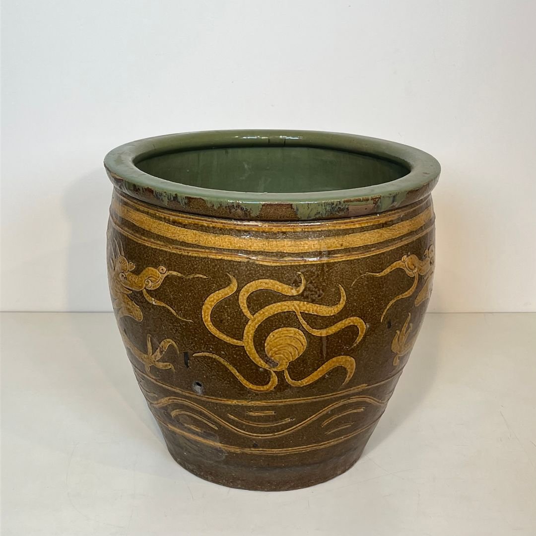 Large Chinese Glazed Terracotta Planter Decorated With Dragons-photo-3