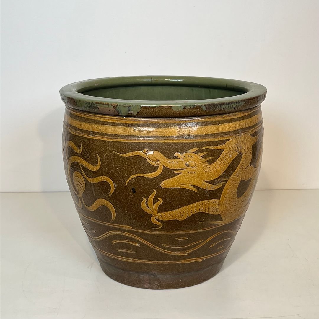 Large Chinese Glazed Terracotta Planter Decorated With Dragons-photo-4