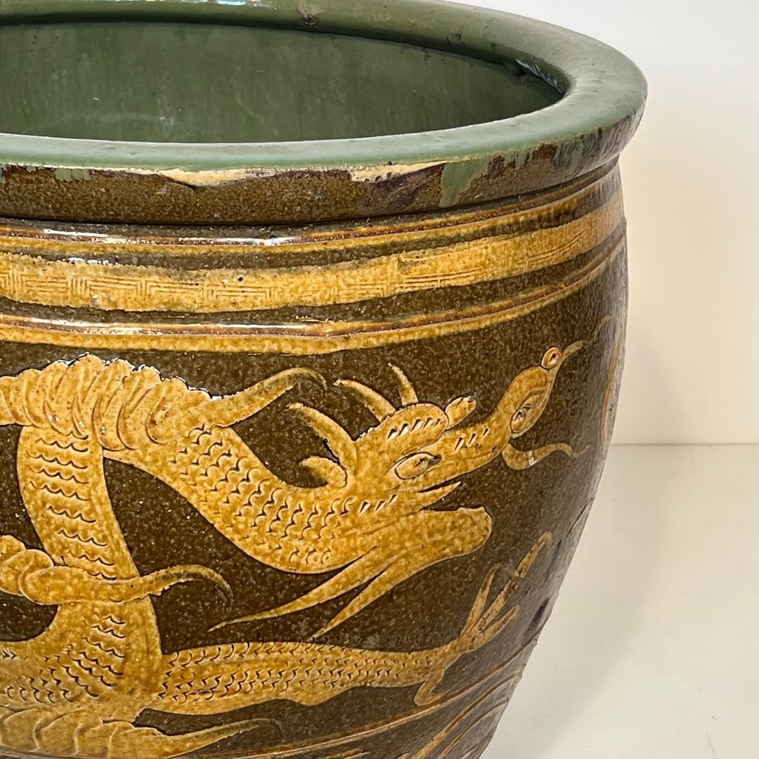 Large Chinese Glazed Terracotta Planter Decorated With Dragons-photo-4