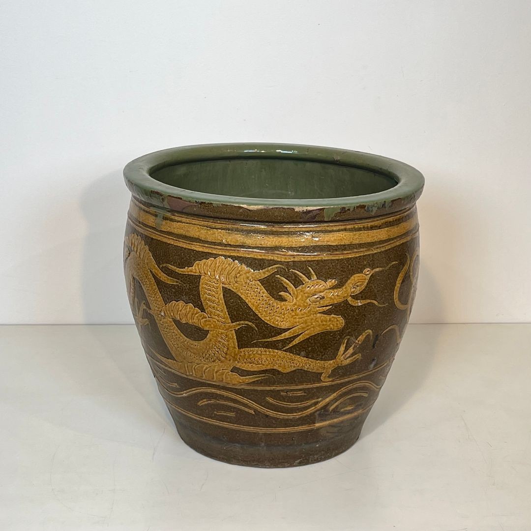 Large Chinese Glazed Terracotta Planter Decorated With Dragons