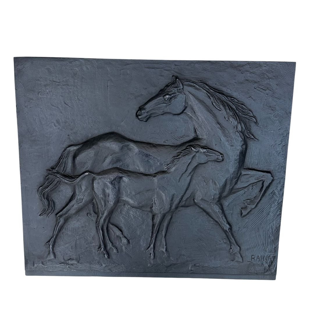 Cast Iron Fireback Showing Horses Signed Raina By Foundery Stern-photo-2