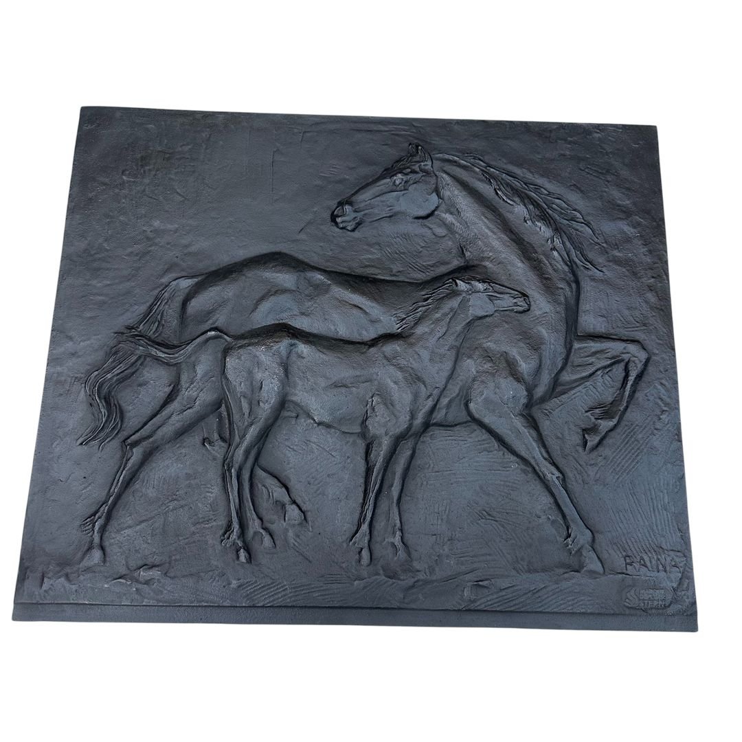 Cast Iron Fireback Showing Horses Signed Raina By Foundery Stern-photo-3