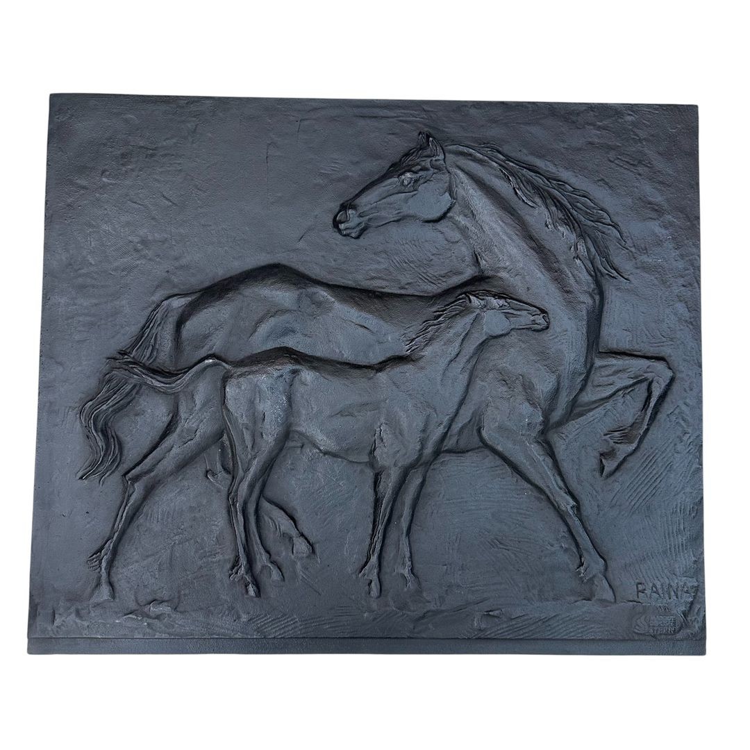 Cast Iron Fireback Showing Horses Signed Raina By Foundery Stern