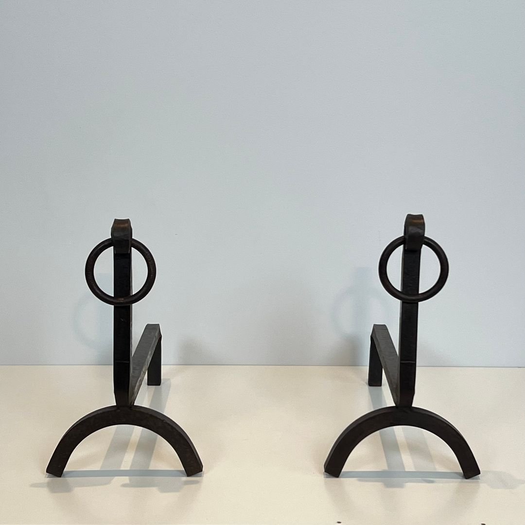 Pair Of Modernist Wrought Iron Andirons-photo-2