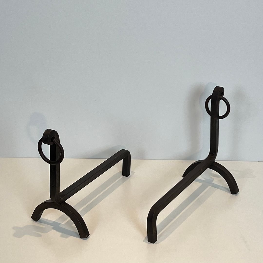 Pair Of Modernist Wrought Iron Andirons-photo-2