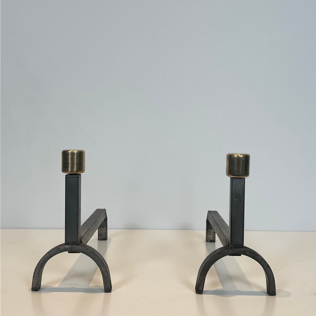 Pair Of Modernist Wrought Iron And Brass Andirons-photo-2