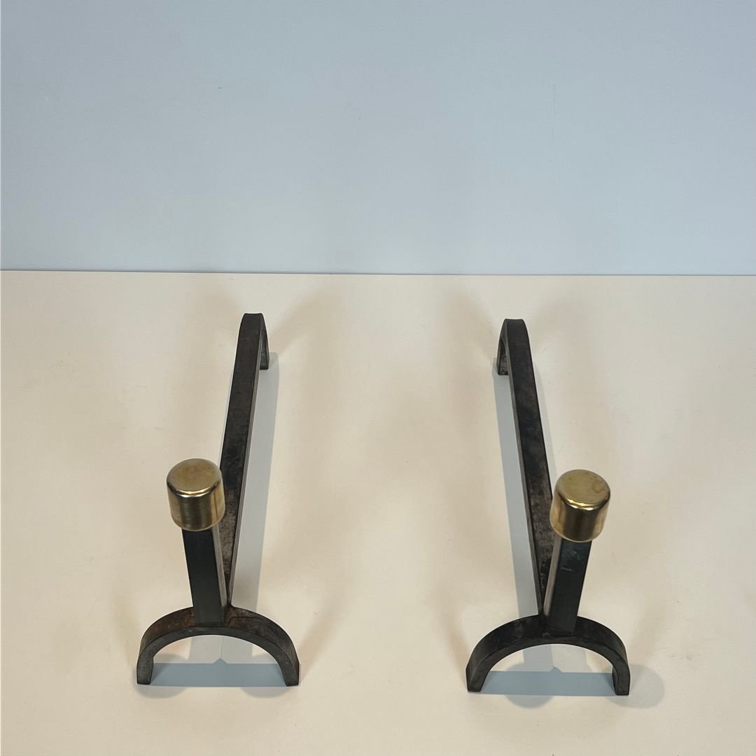 Pair Of Modernist Wrought Iron And Brass Andirons-photo-4