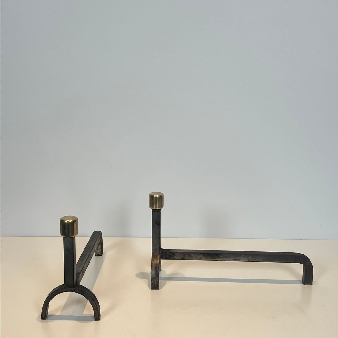 Pair Of Modernist Wrought Iron And Brass Andirons-photo-1