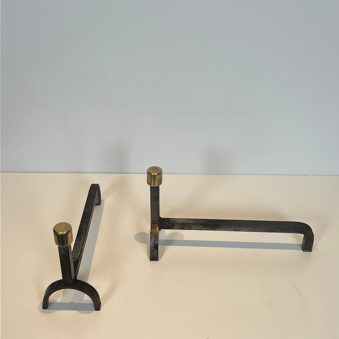 Pair Of Modernist Wrought Iron And Brass Andirons-photo-2