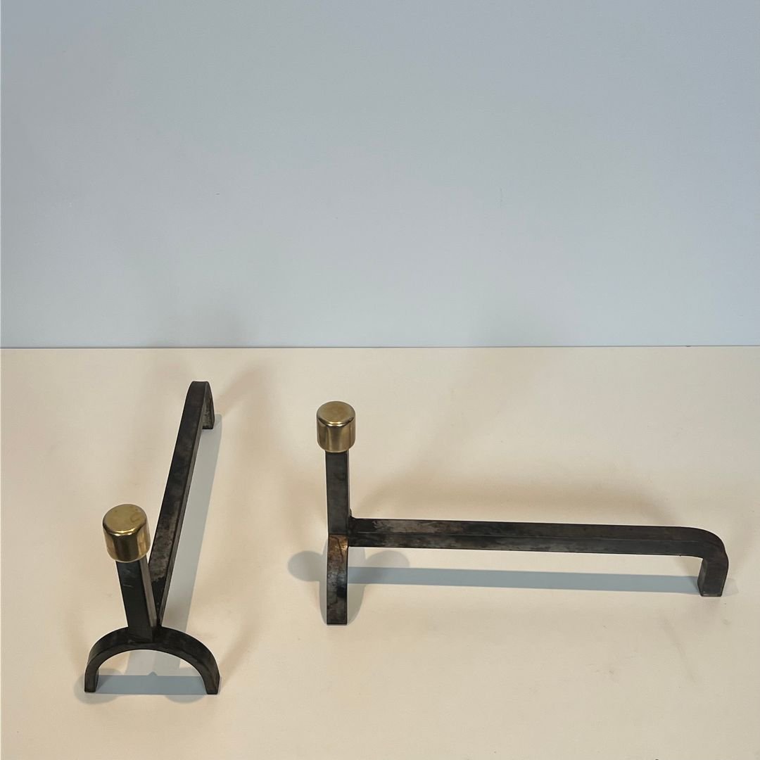 Pair Of Modernist Wrought Iron And Brass Andirons-photo-3