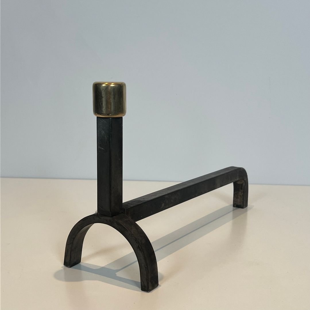 Pair Of Modernist Wrought Iron And Brass Andirons-photo-4