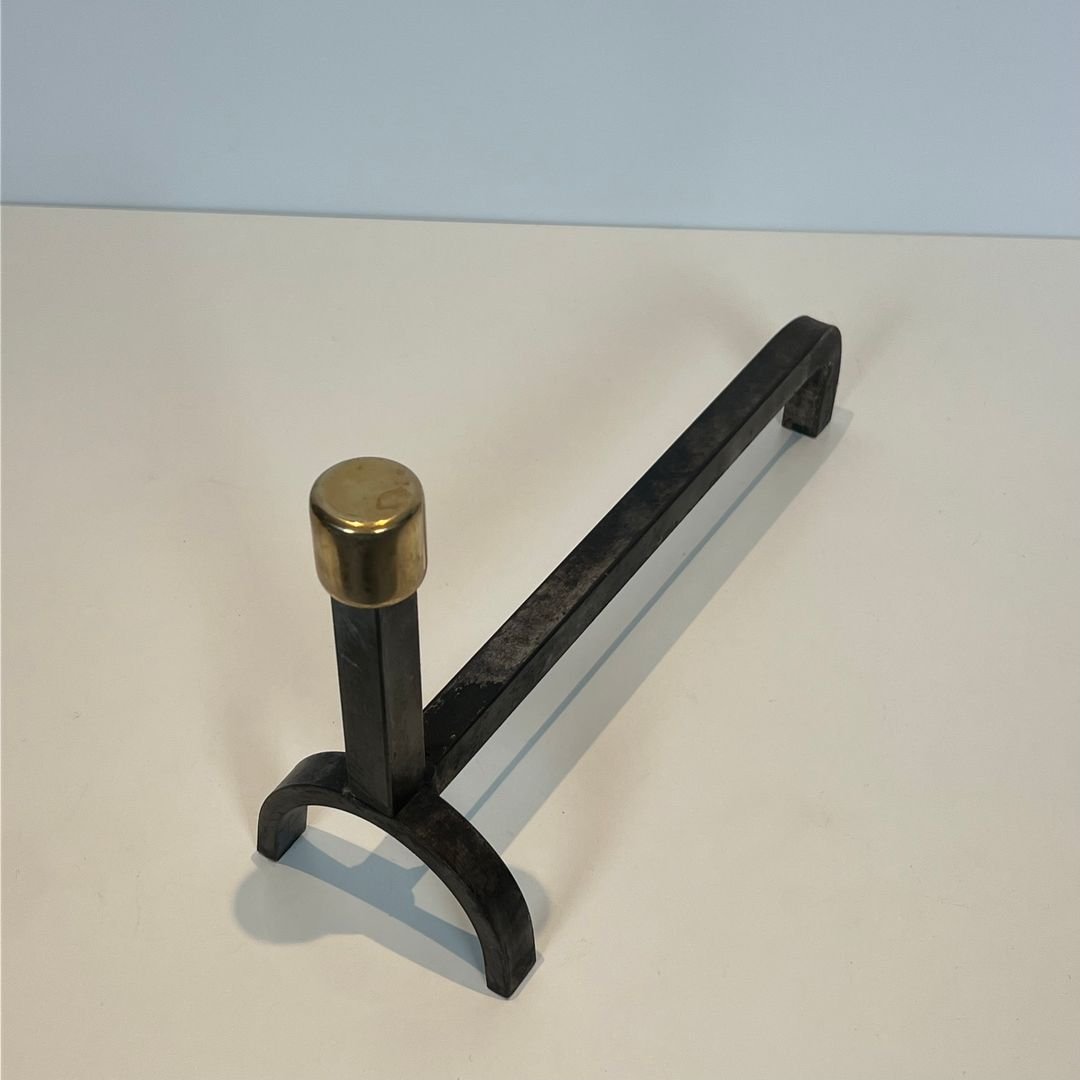 Pair Of Modernist Wrought Iron And Brass Andirons-photo-5