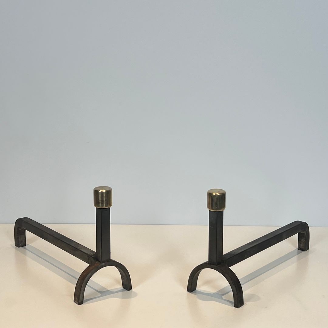 Pair Of Modernist Wrought Iron And Brass Andirons