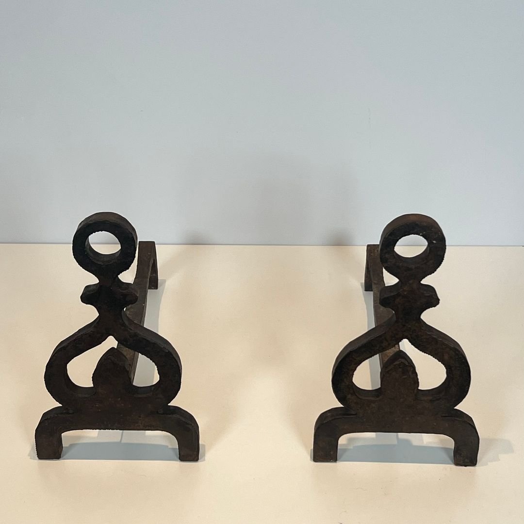 Pair Of Modernist Wrought Iron Andirons-photo-4