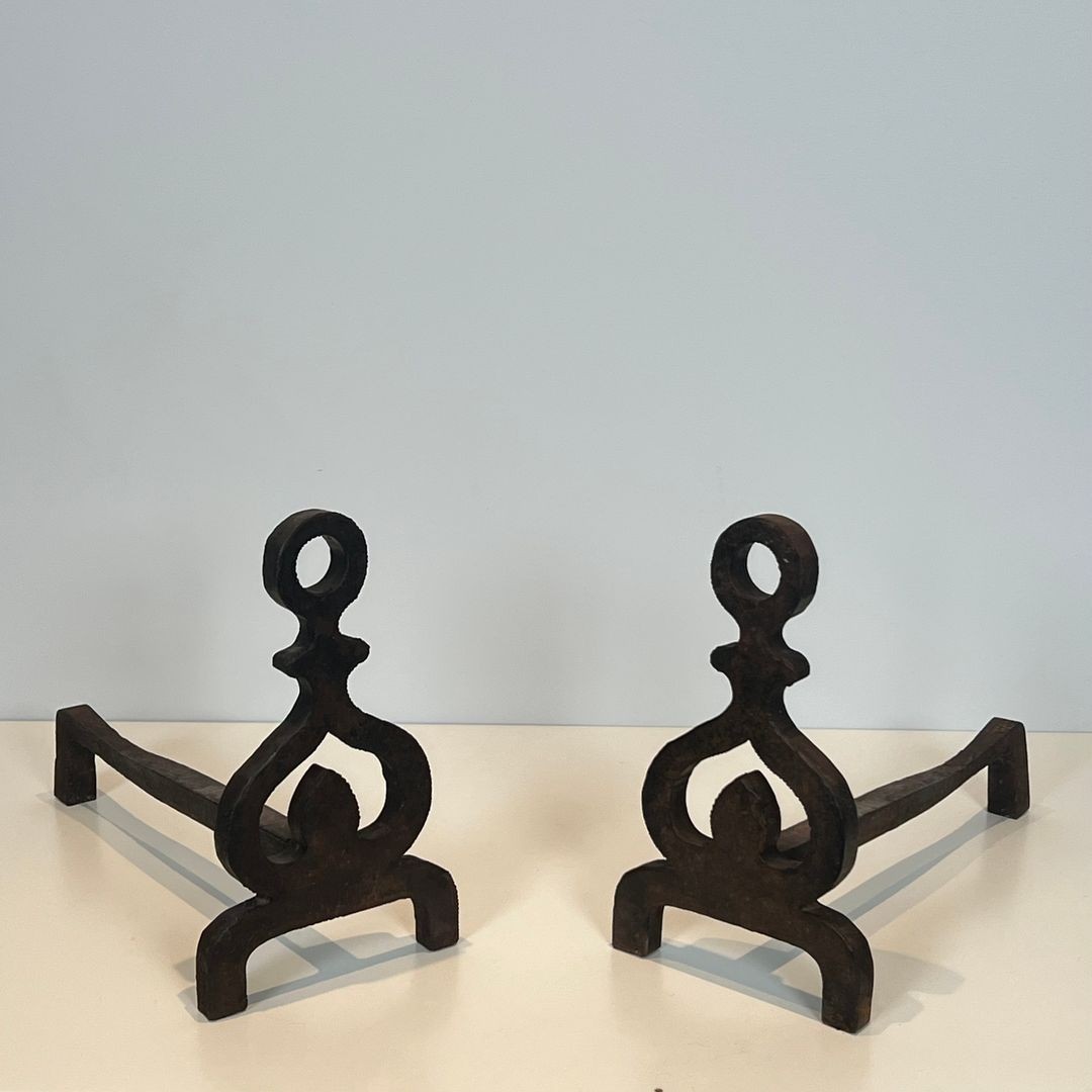 Pair Of Modernist Wrought Iron Andirons