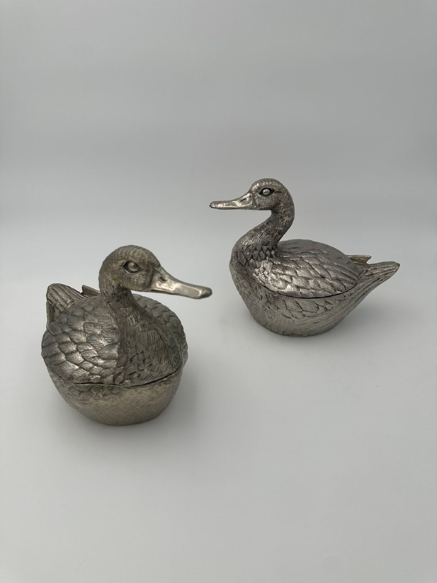 Suite de Deux Seaux à glace Représentant un Canard en Métal Argenté de Mauro Manetti
