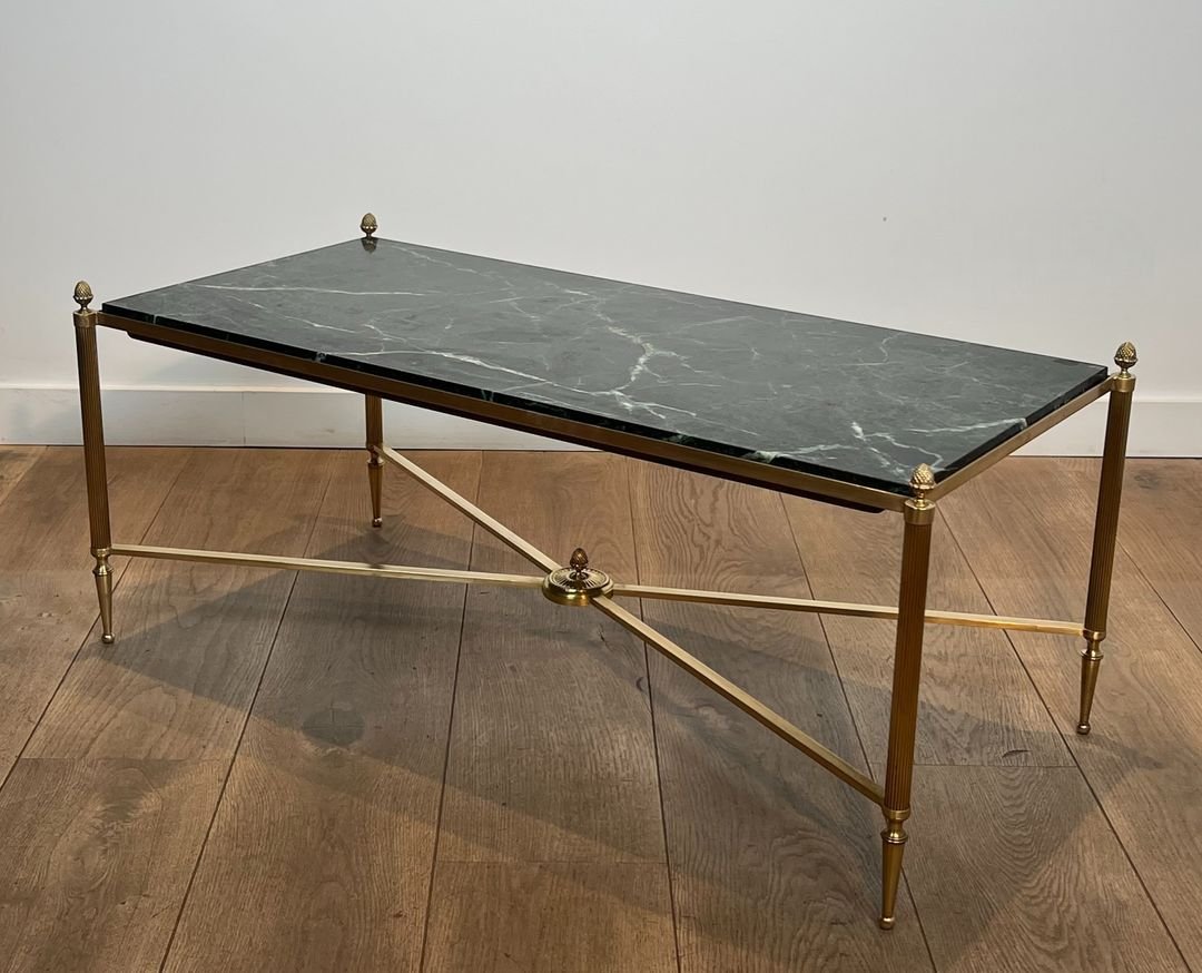 Neoclassical Style Brass Coffee Table With Green Marble Top By Maison Jansen-photo-4