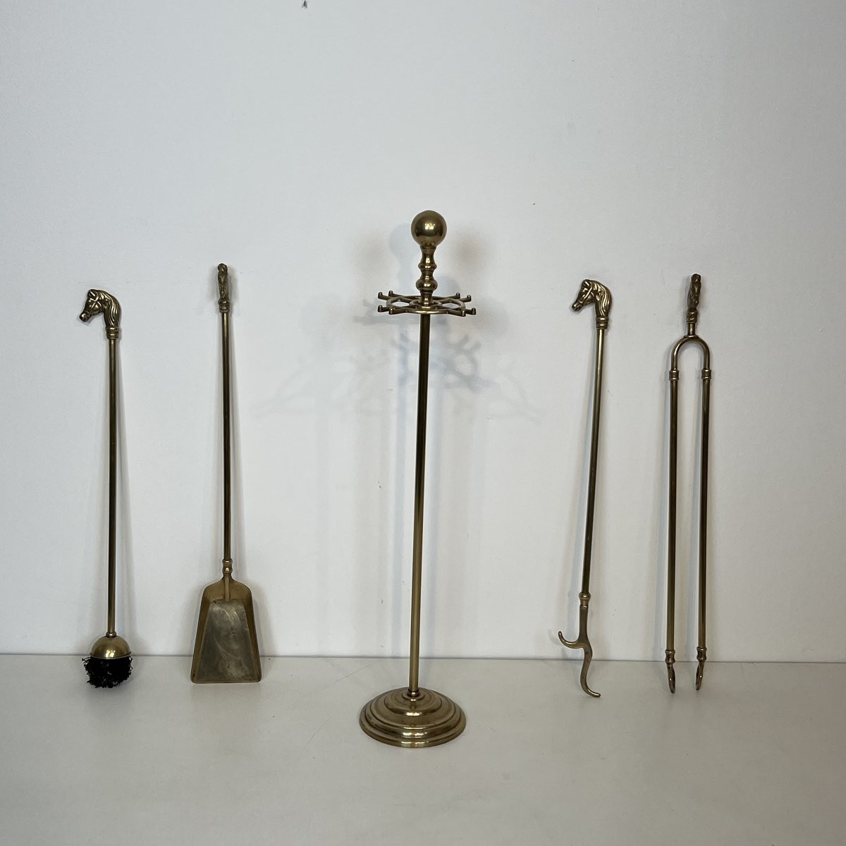 Neoclassical Style Brass Horseheads Fireplace Tools. French. Circa 1950-photo-4