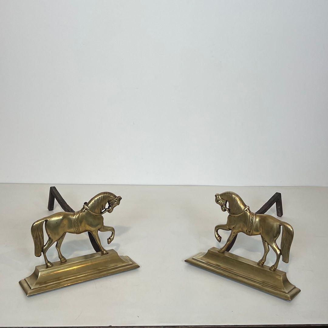 Paire de Chenets aux Chevaux en Bronze-photo-3