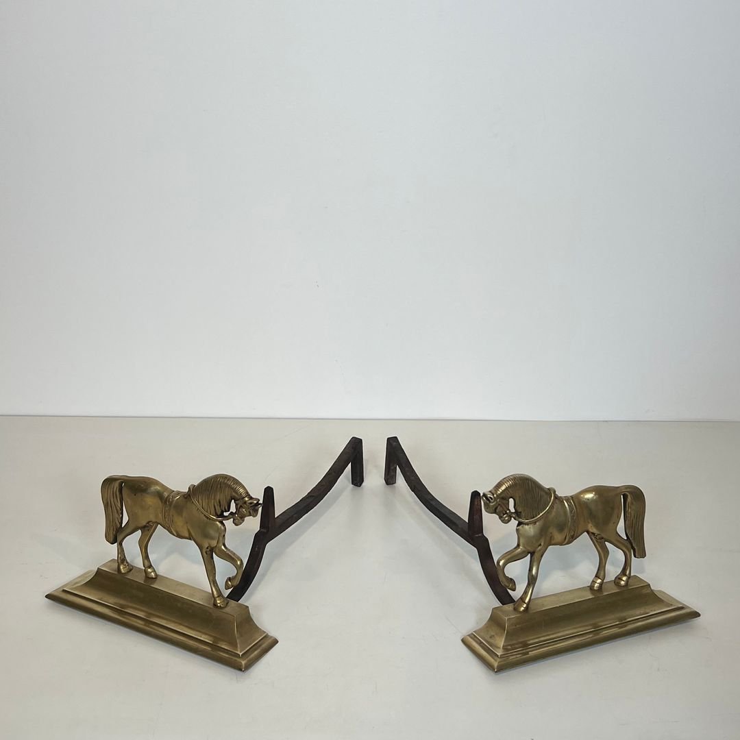 Paire de Chenets aux Chevaux en Bronze-photo-1