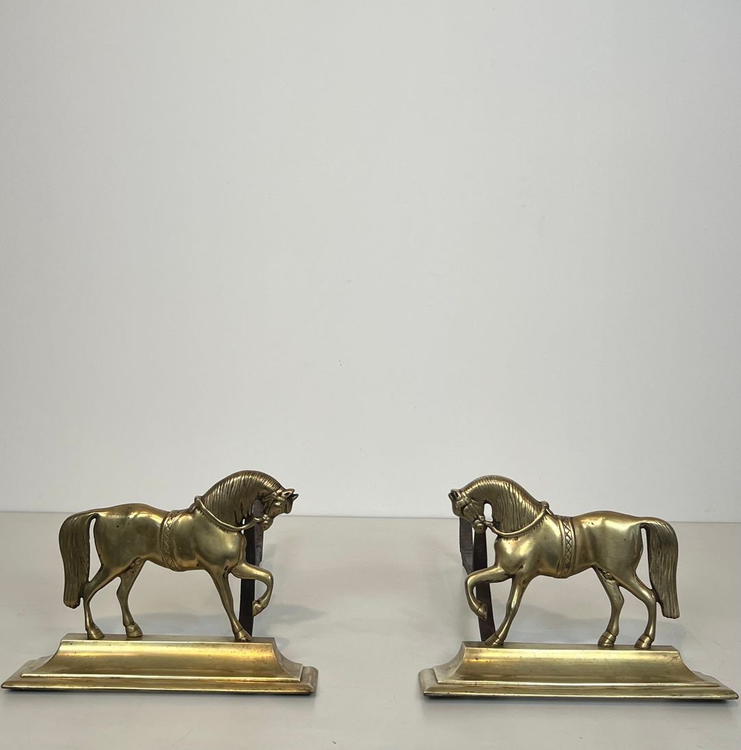 Paire de Chenets aux Chevaux en Bronze