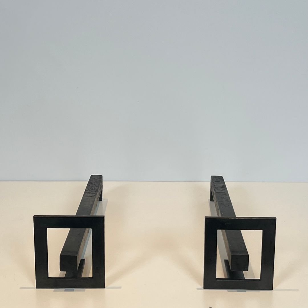 Paire de Chenets Modernistes en Acier et Fer Forgé-photo-2