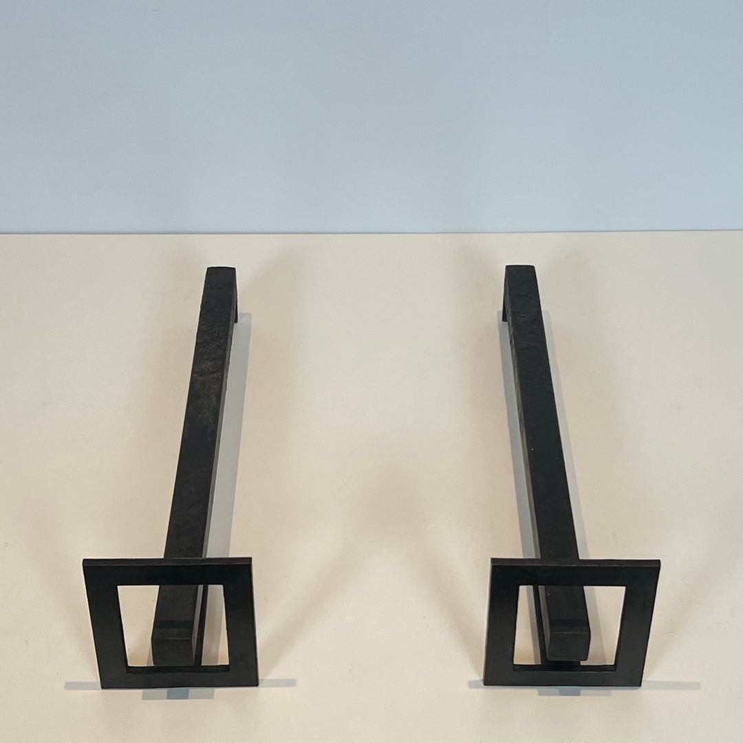 Paire de Chenets Modernistes en Acier et Fer Forgé-photo-3