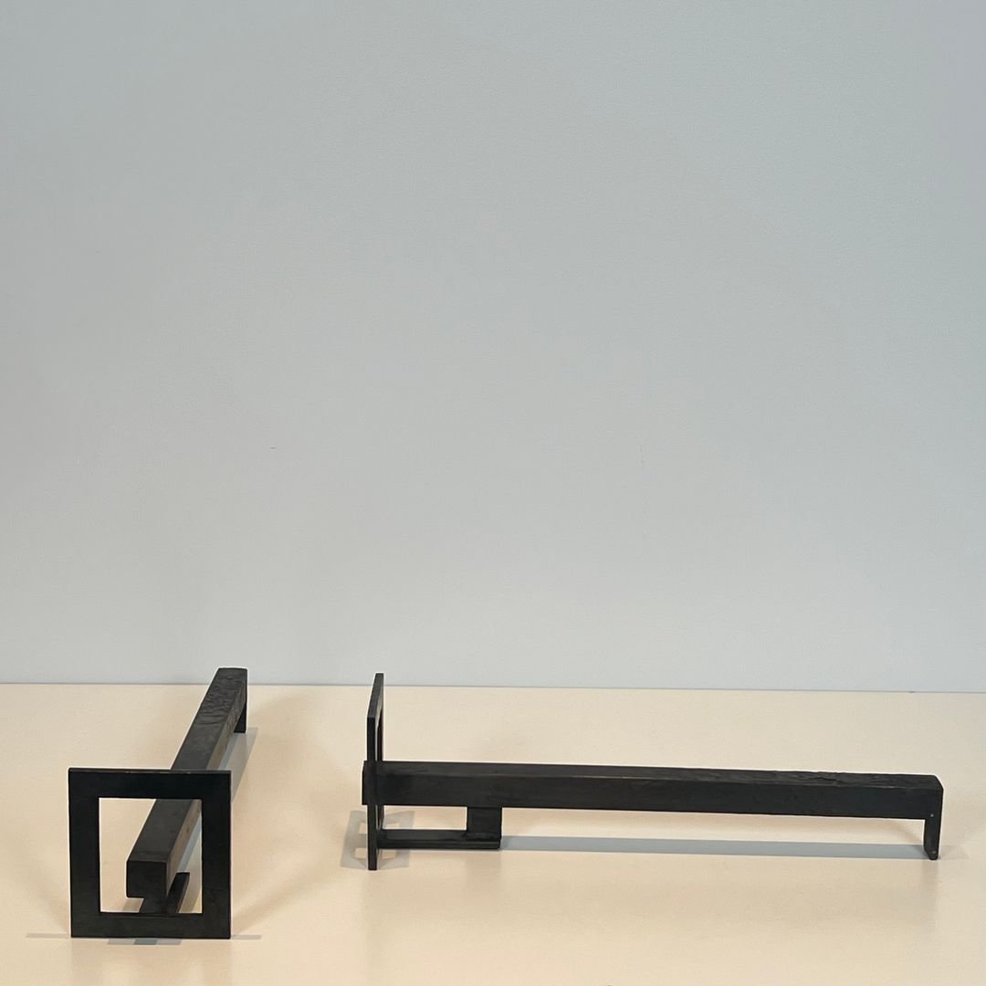 Paire de Chenets Modernistes en Acier et Fer Forgé-photo-2