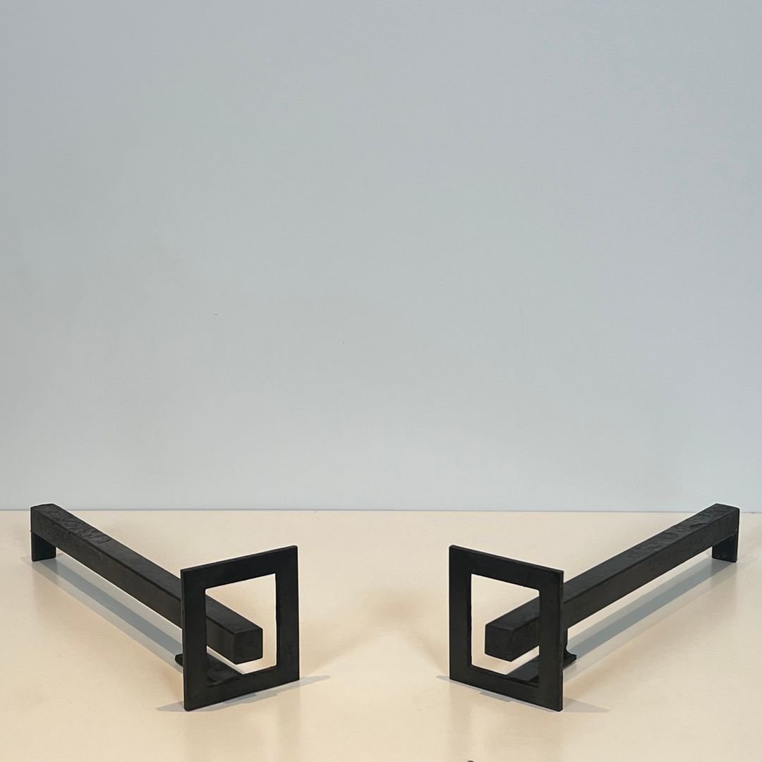 Paire de Chenets Modernistes en Acier et Fer Forgé-photo-8