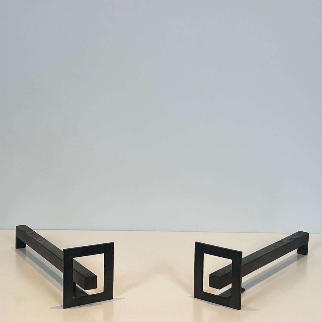 Paire de Chenets Modernistes en Acier et Fer Forgé