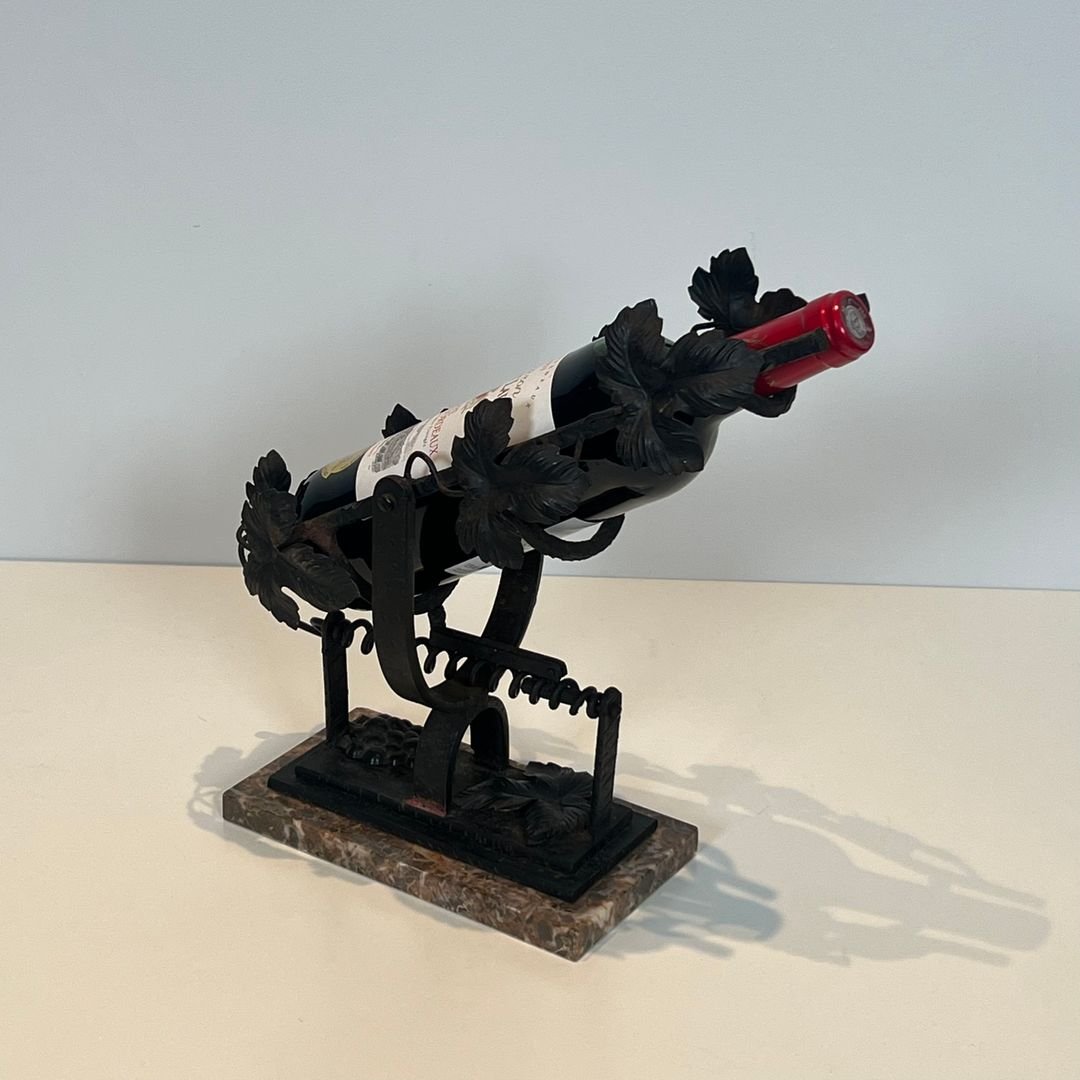 Décanteur en Fer Forgé à Décor de Feuilles de Vigne sur Socle en Marbre-photo-2