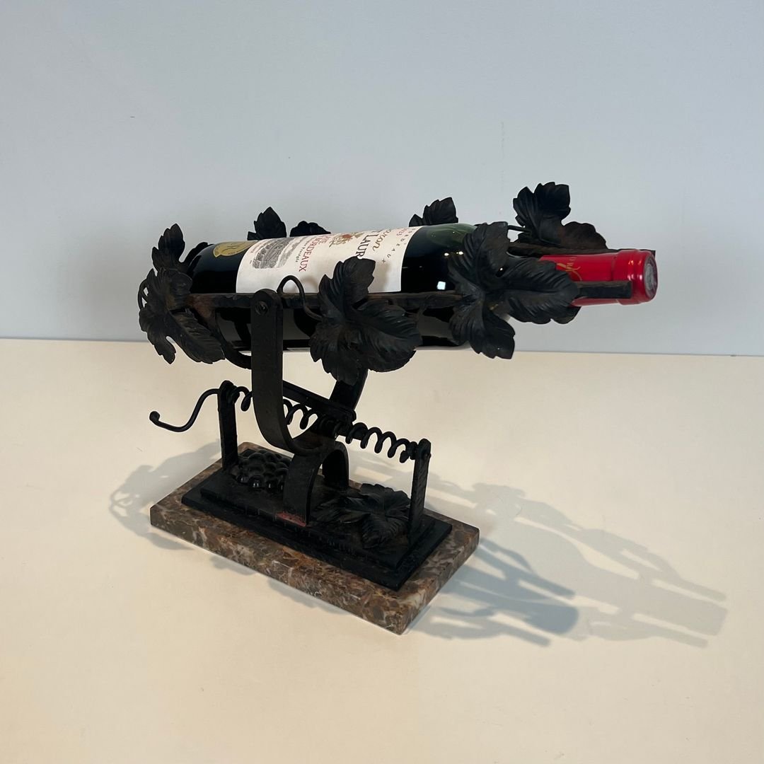 Décanteur en Fer Forgé à Décor de Feuilles de Vigne sur Socle en Marbre-photo-3