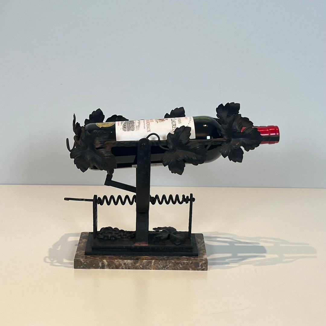 Décanteur en Fer Forgé à Décor de Feuilles de Vigne sur Socle en Marbre-photo-4