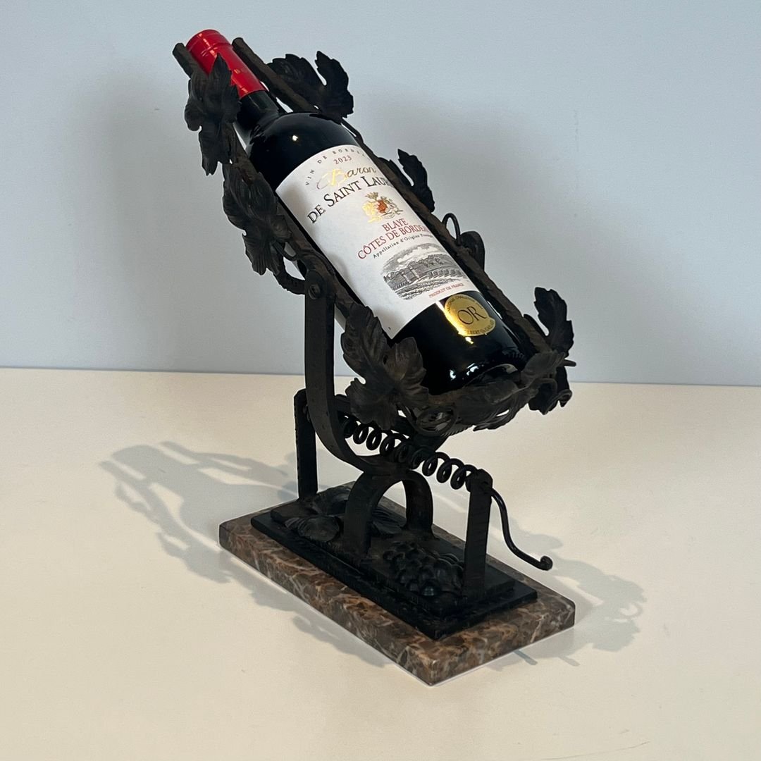 Décanteur en Fer Forgé à Décor de Feuilles de Vigne sur Socle en Marbre-photo-8