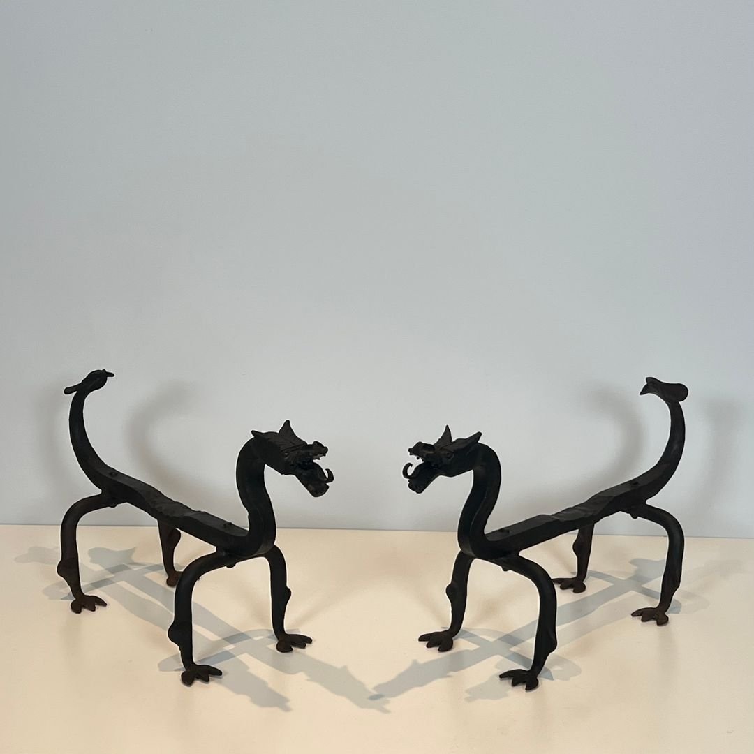 Paire de Chenets Aux Dragons en Fer Forgé-photo-8